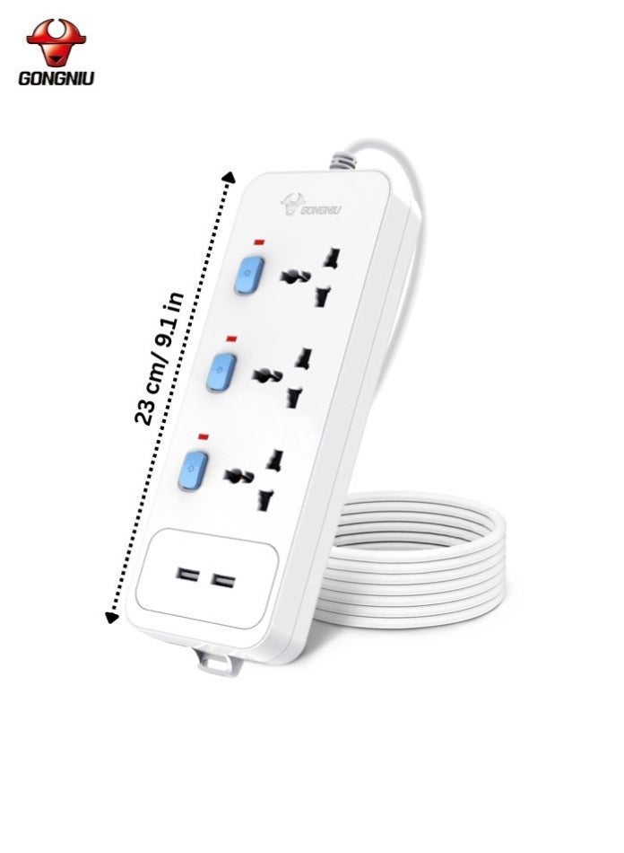 غونغنيو سلك تمديد كهربائي بثلاثة منافذ بطول 3 أمتار، ومنفذي USB، وشريط طاقة متعدد المقابس عالمي مزود بمفاتيح فردية وفتحات تعليق للمنزل والمكتب - Image 2